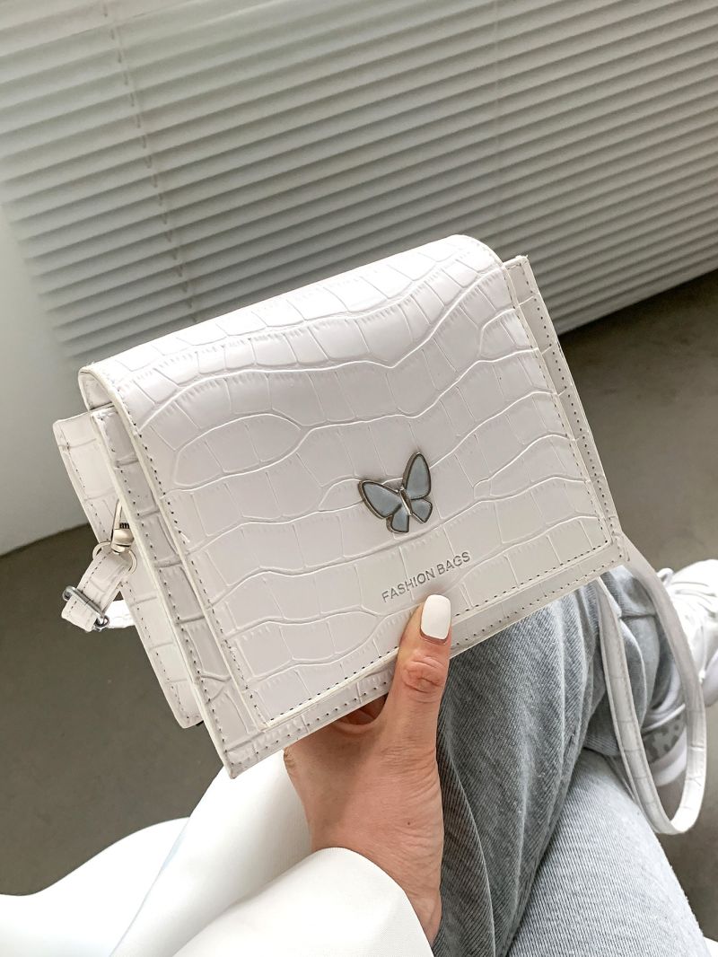 Mini Crocodile Embossed Butterfly Decor Flap Square Bag