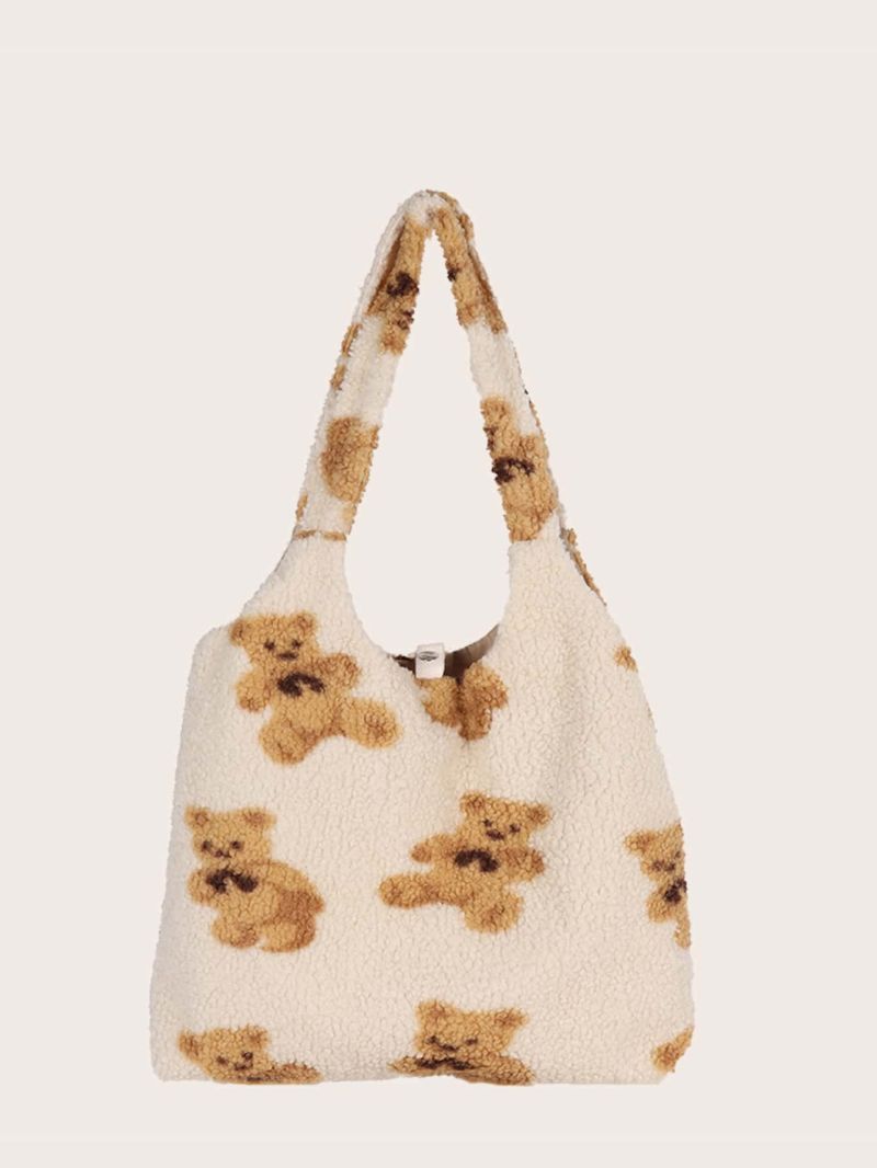 Cartoon Graphic Faux Shearling Tote Bag