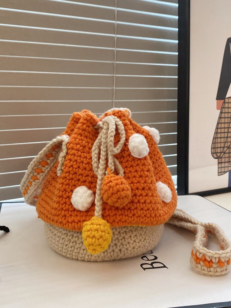 Mini Pom Pom Decor Colorblock Crochet Bucket Bag