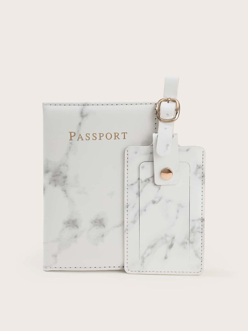 Letter Graphic Marble Graphic Passport Case With Luggage Tag