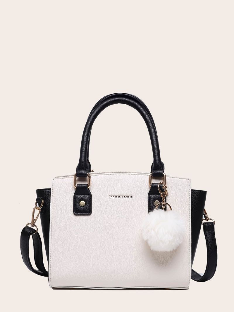 Pom-pom Charm Double Handle Tote Bag