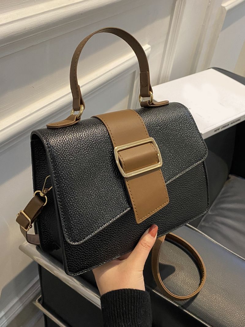 Buckle Decor Litchi Embossed Square Bag