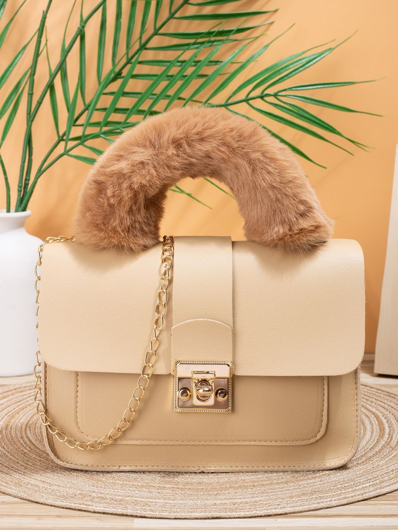 Fluffy Handle Design Turn Lock Square Bag