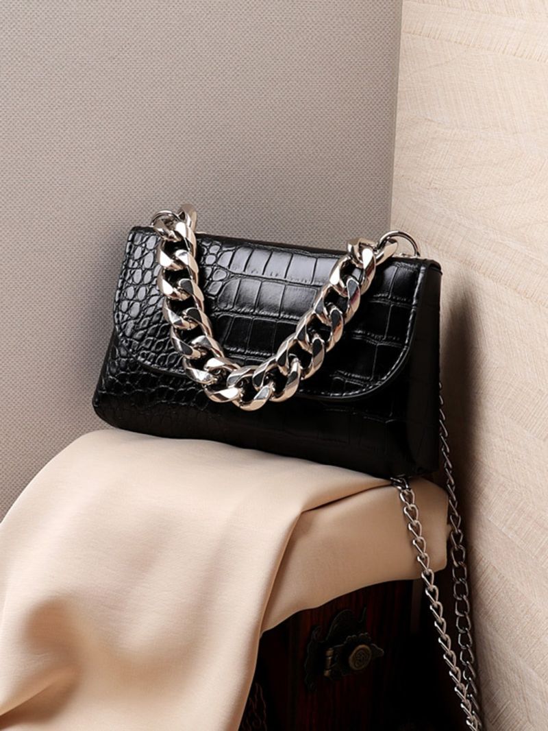 Crocodile Embossed Chain Top Handle Bag