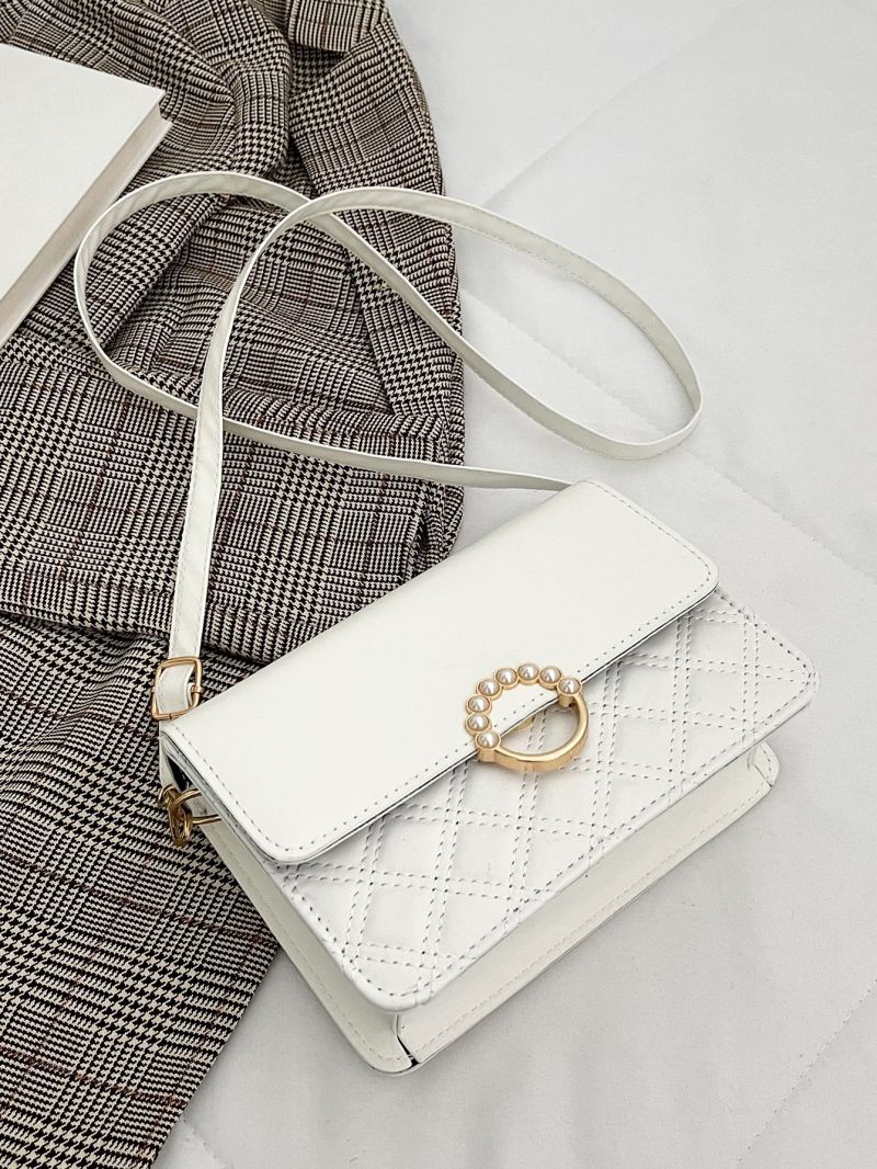 Mini Minimalist Quilted Faux Pearl Decor Flap Square Bag