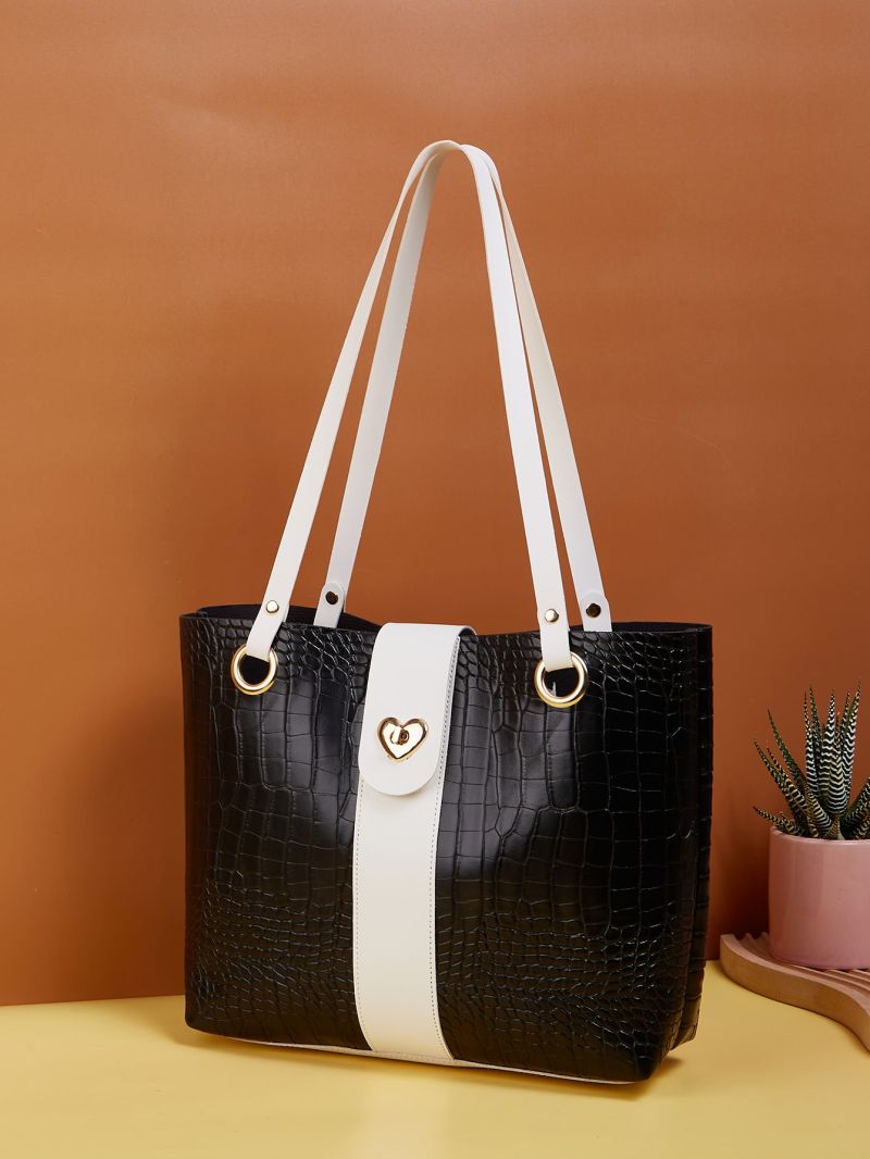 Crocodile Embossed Metal Heart Decor Shoulder Tote Bag