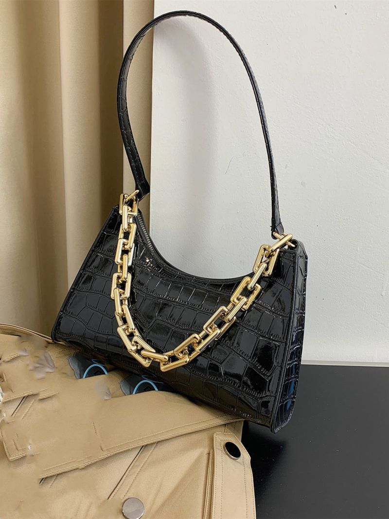 Crocodile Embossed Chain Decor Baguette Bag