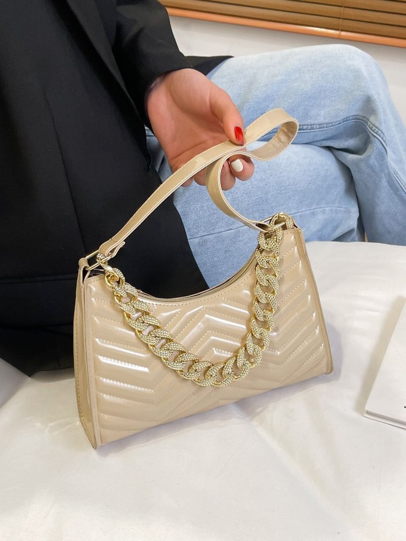 Chain Decor Quilted Pattern Baguette Bag