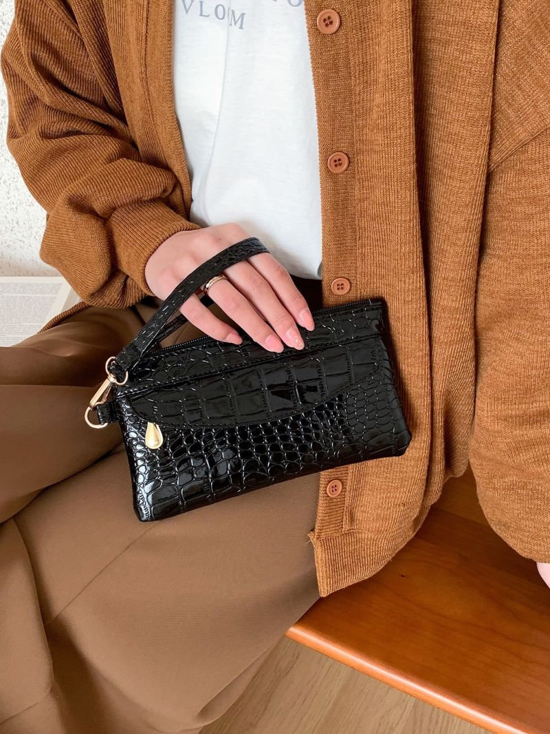 Crocodile Embossed Square Bag With Wristlet
