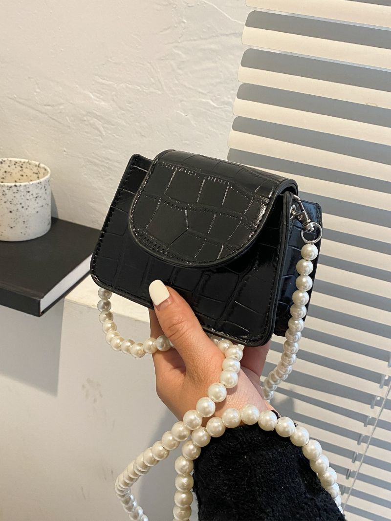 Mini Crocodile Embossed Faux Pearl Decor Square Bag