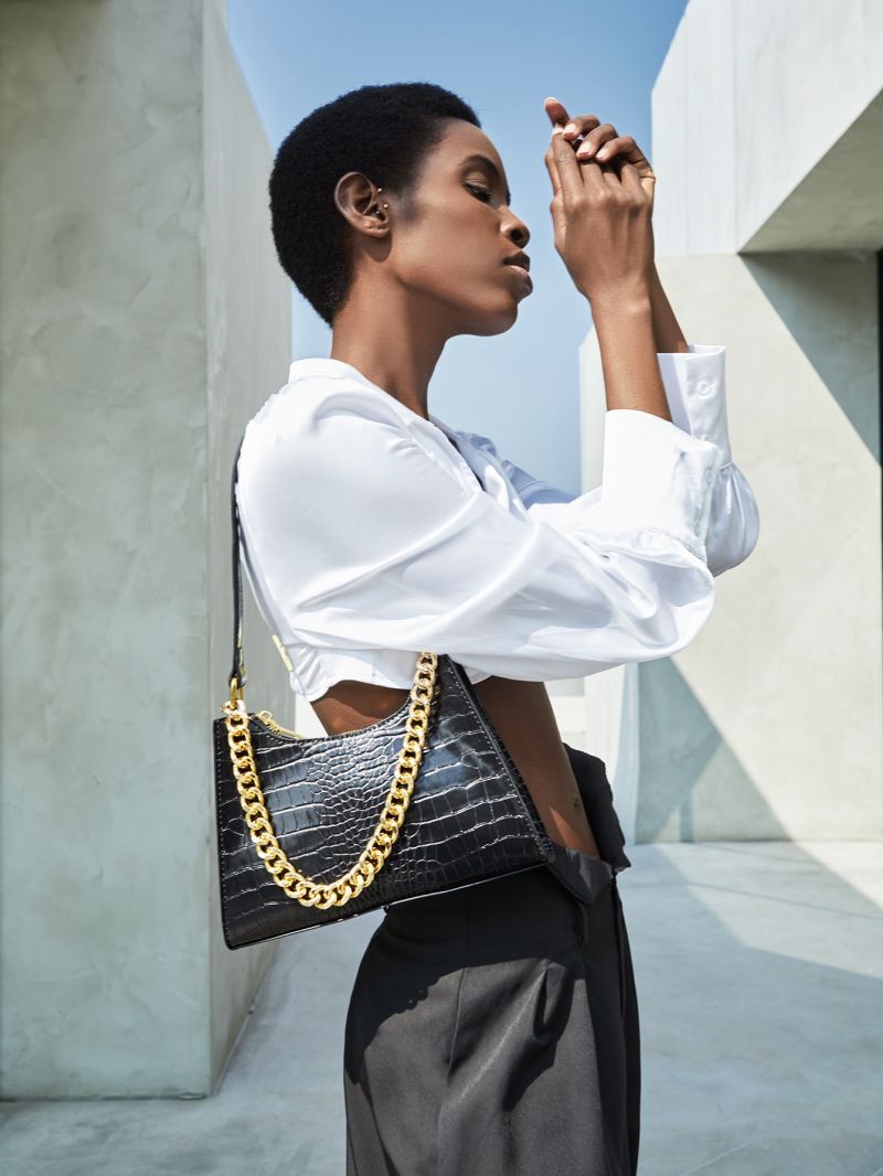 Crocodile Embossed Chain Baguette Bag