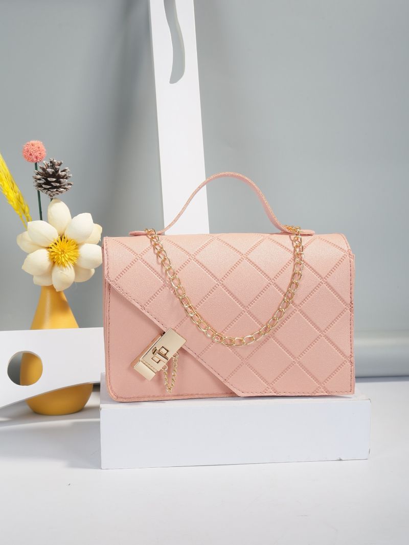 Quilted Twist Lock Top Handle Chain Flap Square Bag