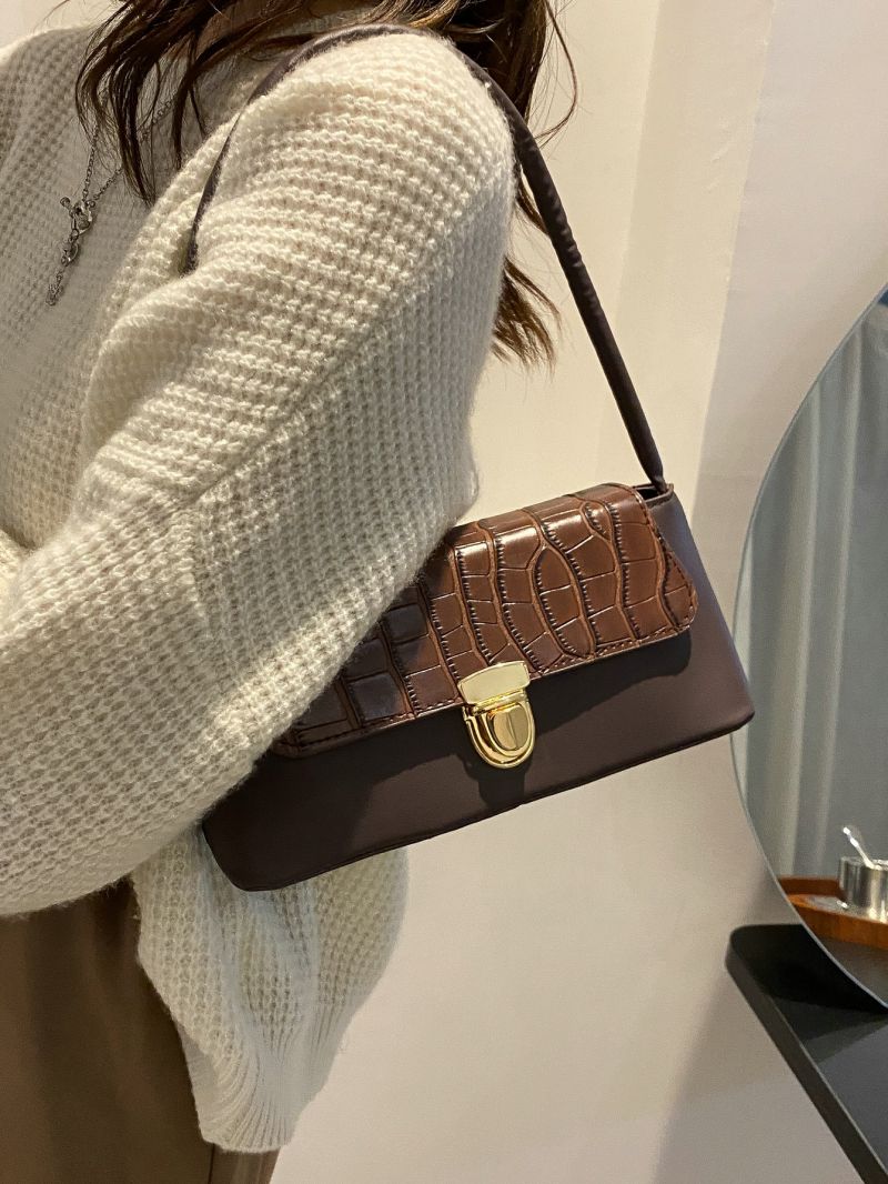 Push Lock Design Crocodile Embossed Baguette Bag