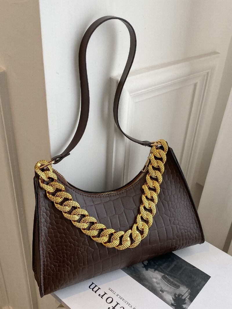 Crocodile Embossed Chain Decor Baguette Bag