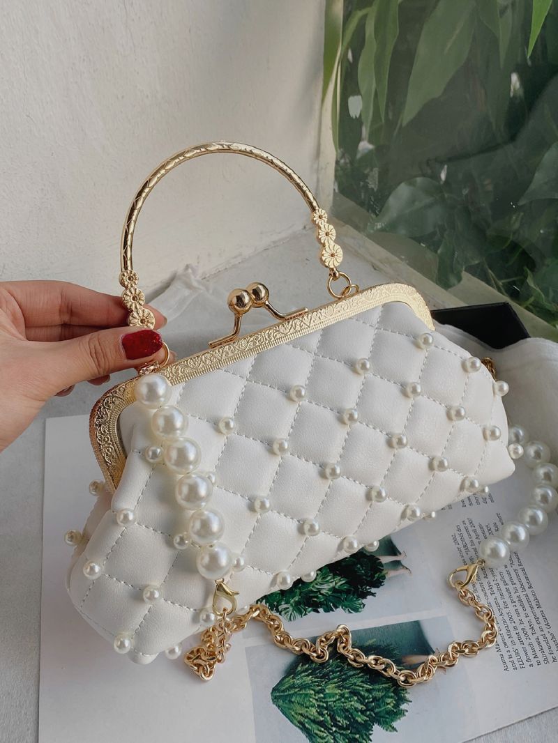 Mini Faux Pearl Decor Quilted Satchel Bag