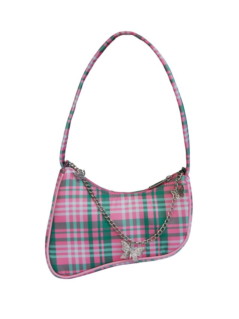 Plaid Print Butterfly Decor Chain Baguette Bag