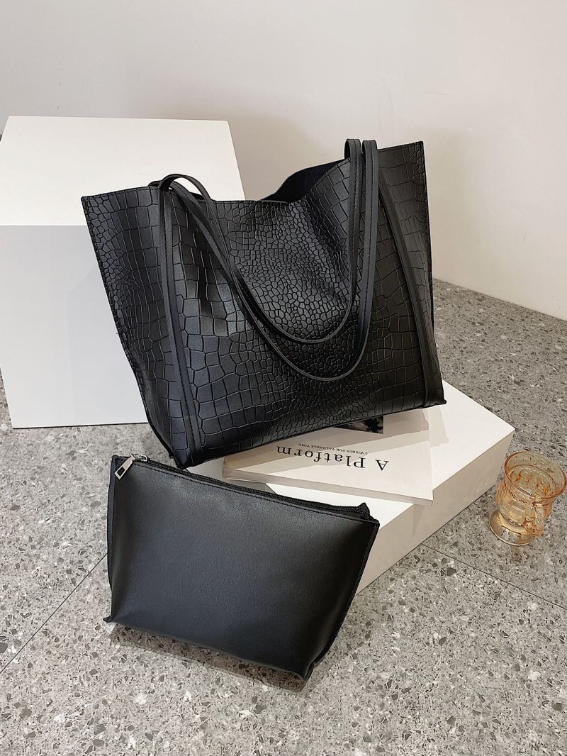 Crocodile Embossed Shoulder Tote Bag With Inner Pouch