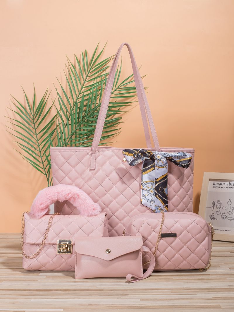 4pcs Twilly Scarf Decor Quilted Tote Bag Set
