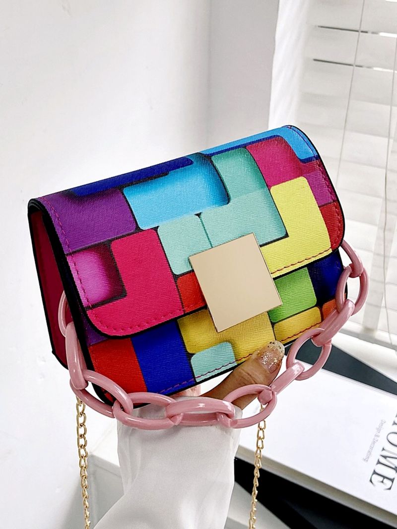 Mini Colorblock Plaid Chain Decor Flap Square Bag