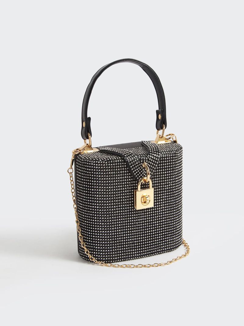 Mini Rhinestone Detail Metal Lock Design Box Bag
