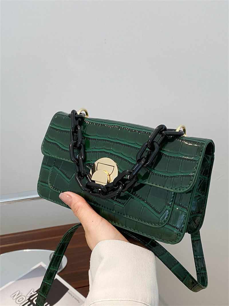 Crocodile Embossed Twist Lock Flap Chain Square Bag