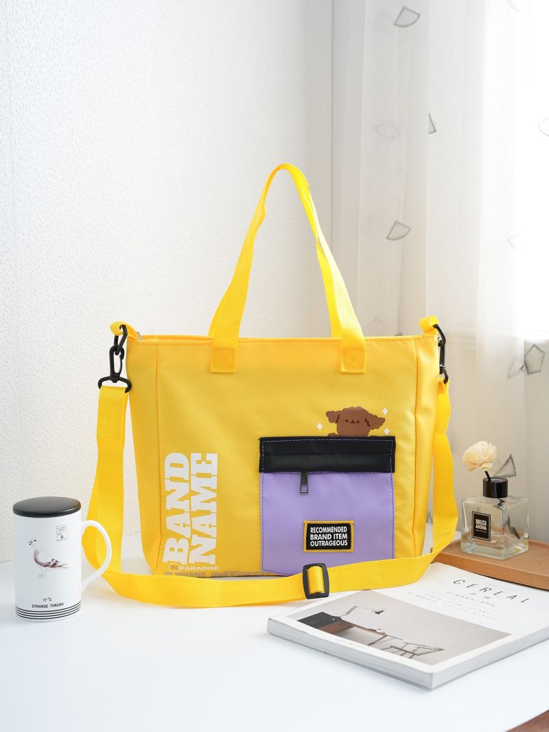 Pocket Front Design Letter Graphic Colorblock Shoulder Tote Bag