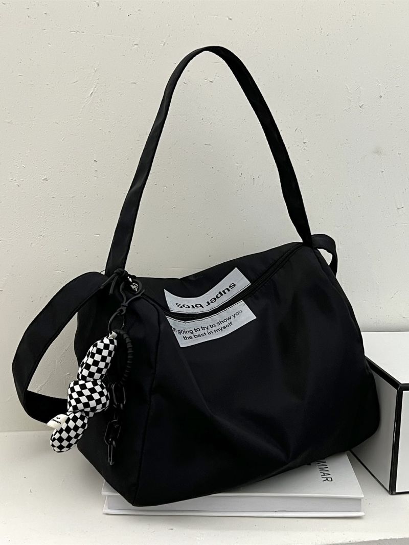 Letter Graphic Bucket Bag With Plaid Bag Charm