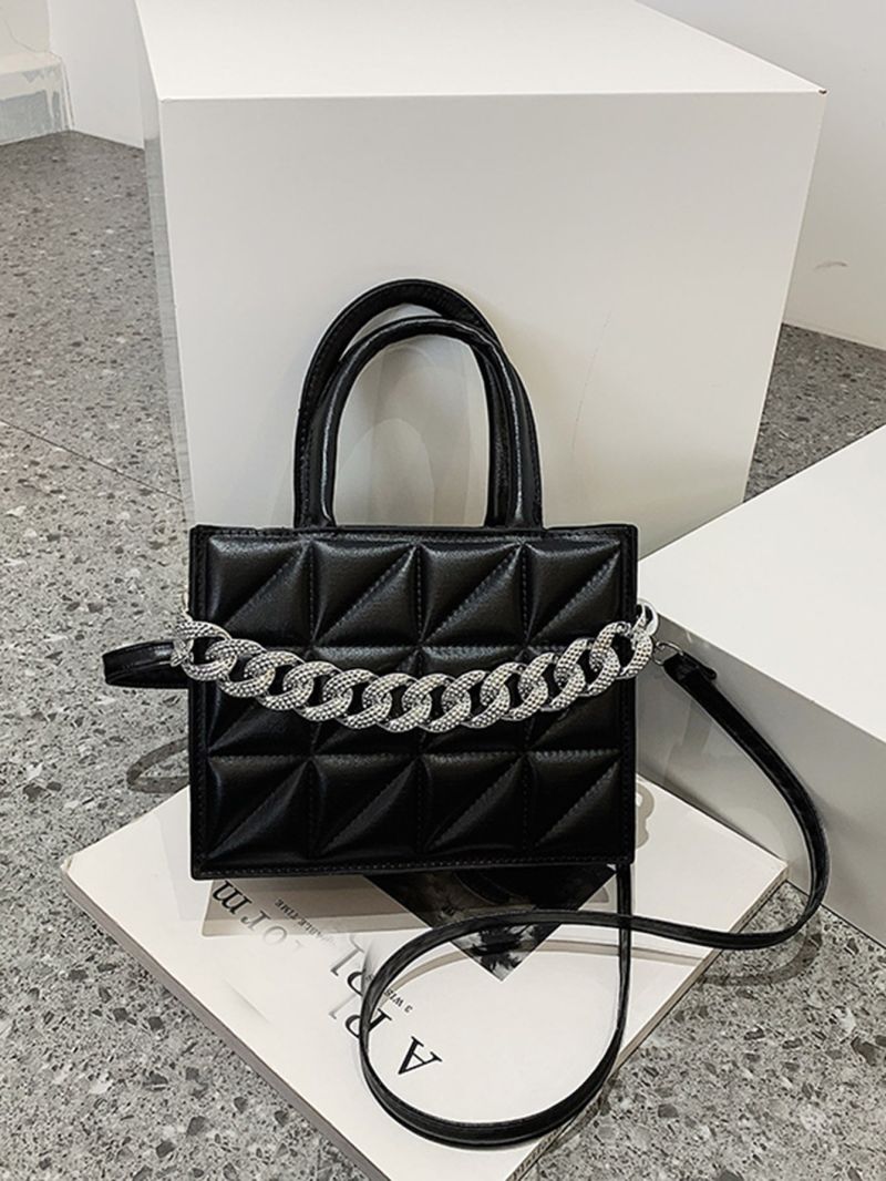 Mini Geometric Embossed Chain & Rhinestone Decor Square Bag