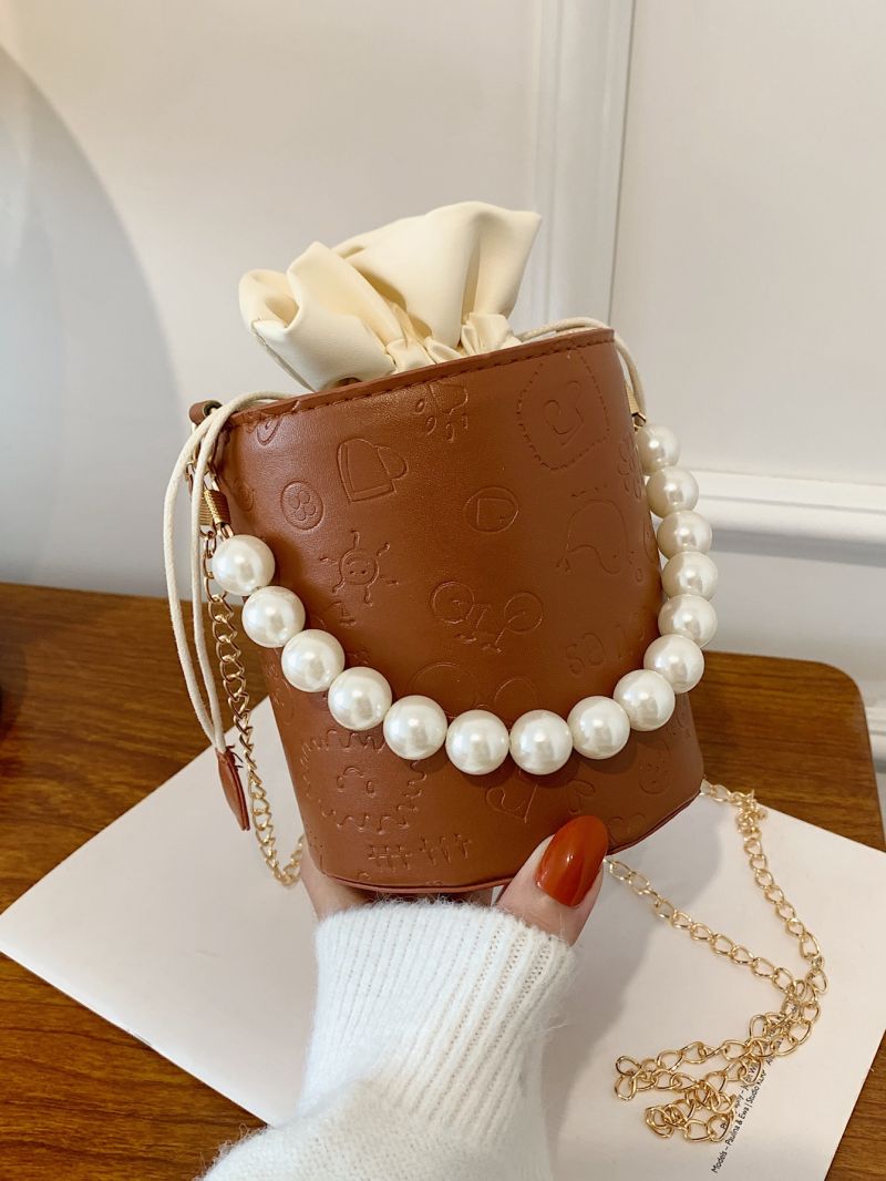 Mini Faux Pearl Decor Drawstring Bucket Bag