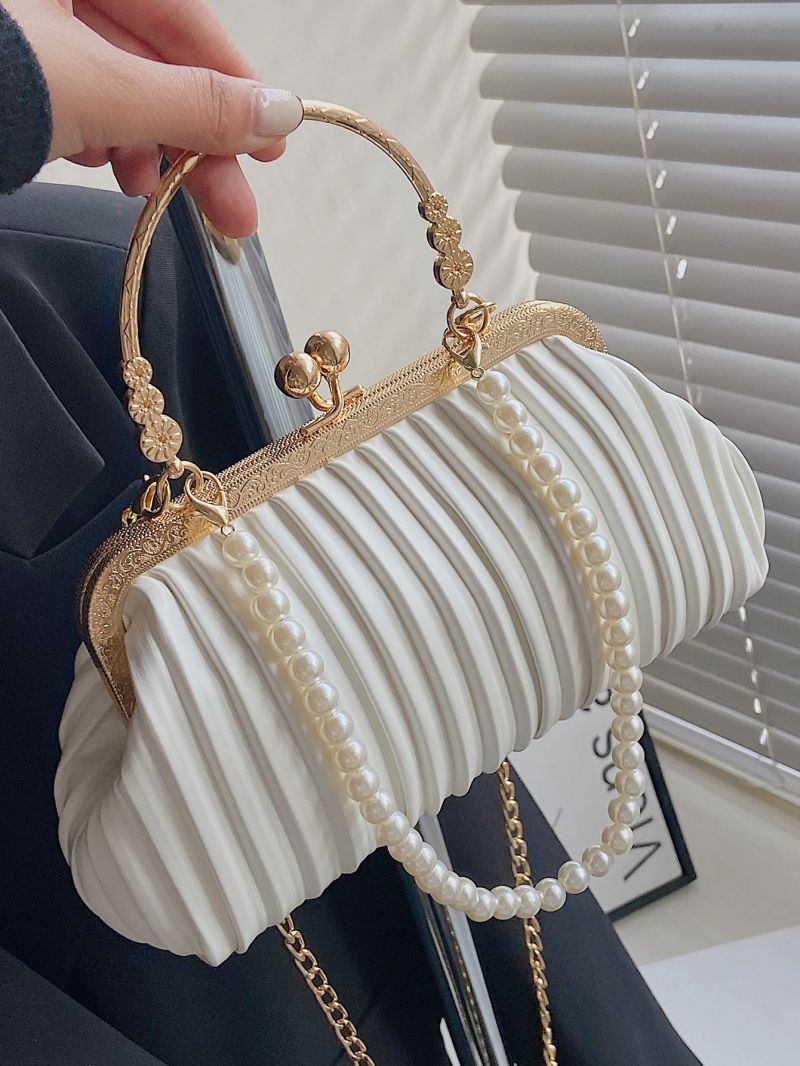 Faux Pearl Decor Kiss Lock Chain Ruched Bag
