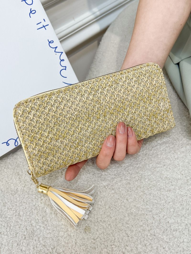 Minimalist Straw Bag Long Wallet Tassel Decor