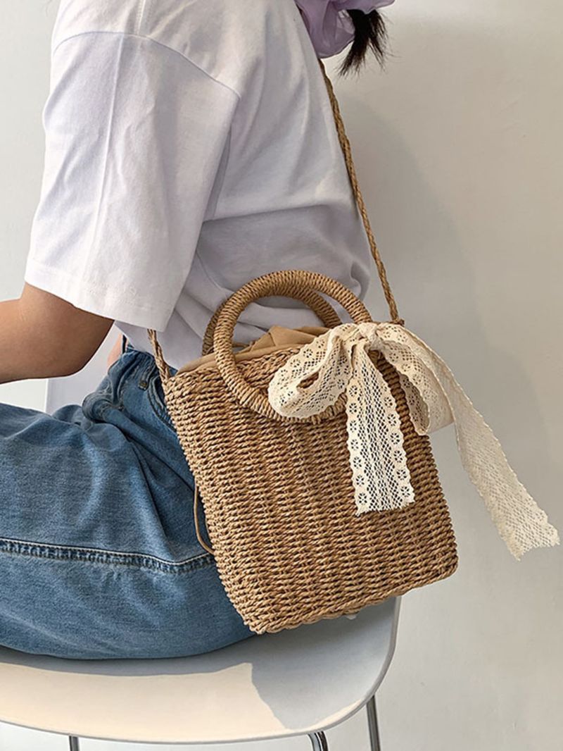 Mini Twilly Scarf Decor Drawstring Design Straw Bag