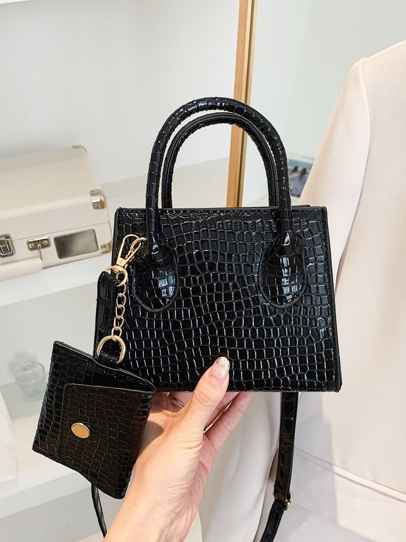 Mini Snakeskin Embossed Double Handle Square Bag With Coin Purse