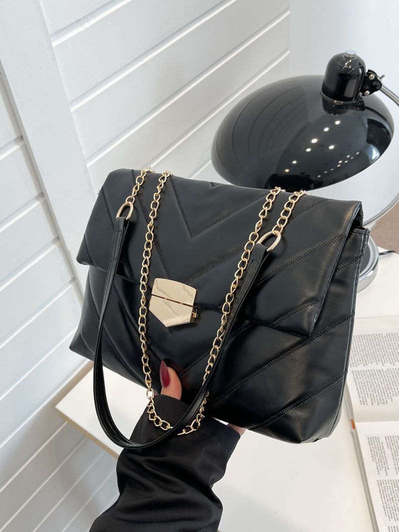 Chevron Detail Metal Lock Flap Chain Shoulder Tote Bag