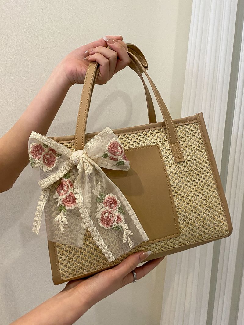 Floral Embroidery Bow Decor Shoulder Tote Bag