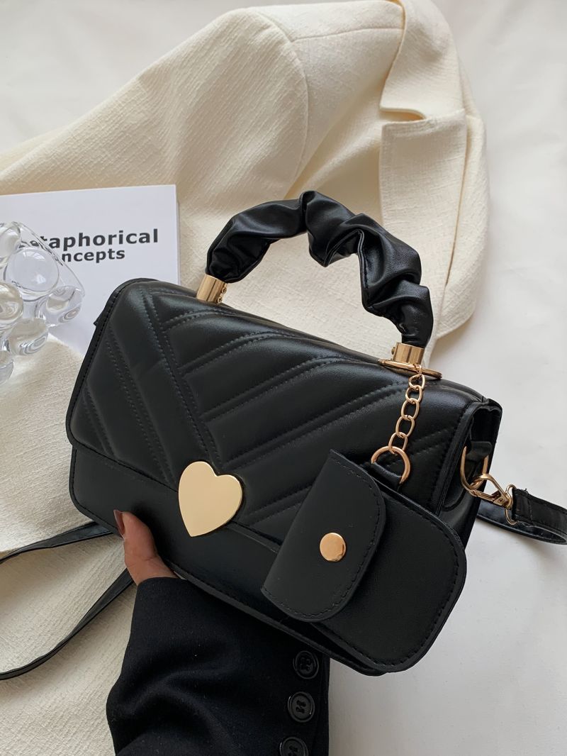 Quilted Metal Heart Decor Square Bag With Coin Purse