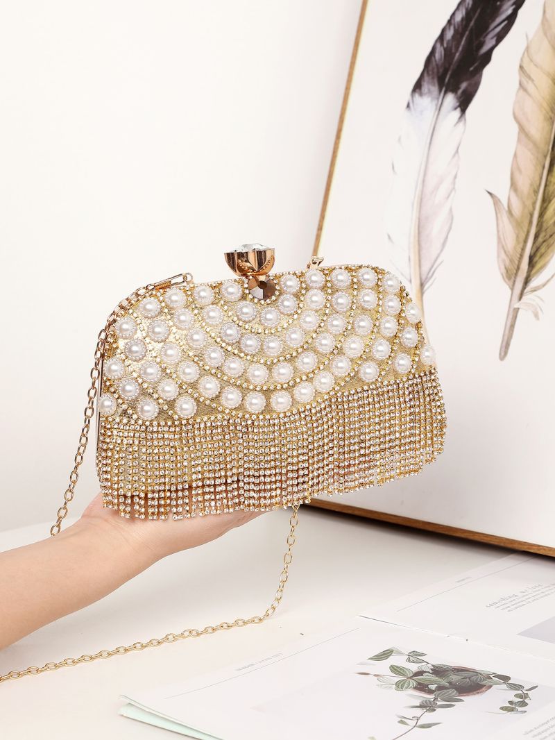 Mini Rhinestone & Faux Pearl & Fringe Decor Box Bag
