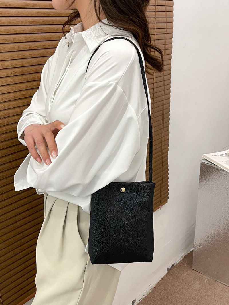 Mini Granule Embossed Snap Button Detail Bucket Bag