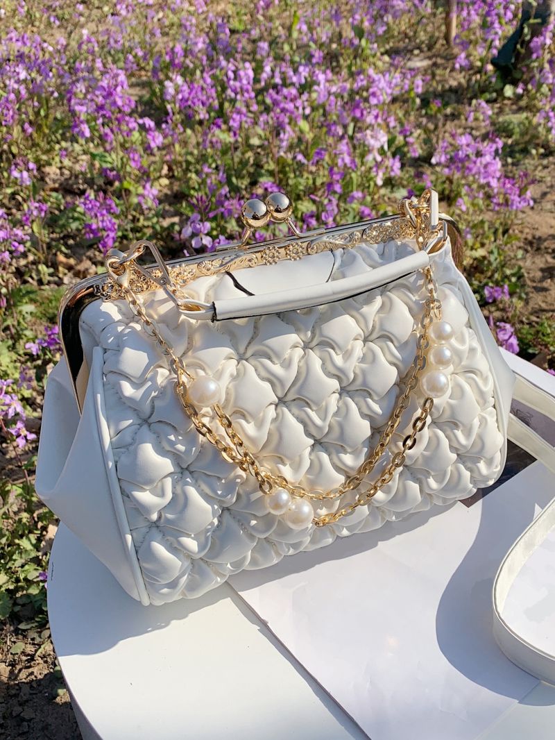 Quilted Chain & Faux Pearl Decor Kiss Lock Ruched Bag