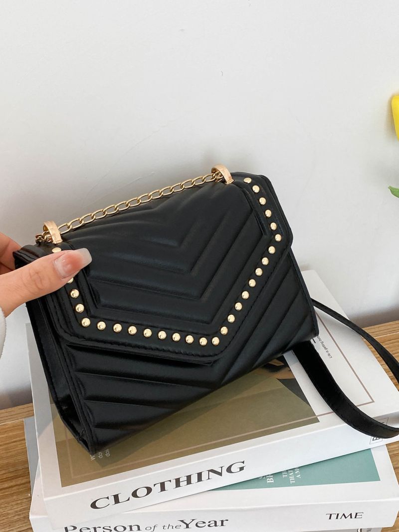 Mini Chevron Detail Studded Decor Flap Chain Square Bag