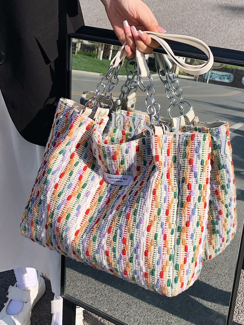 Color Block Letter Patch Decor Crochet Bag