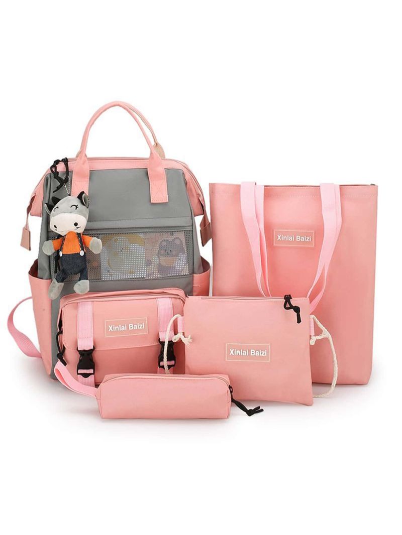 4pcs Letter Patch Decor Backpack Set With Bag Charm