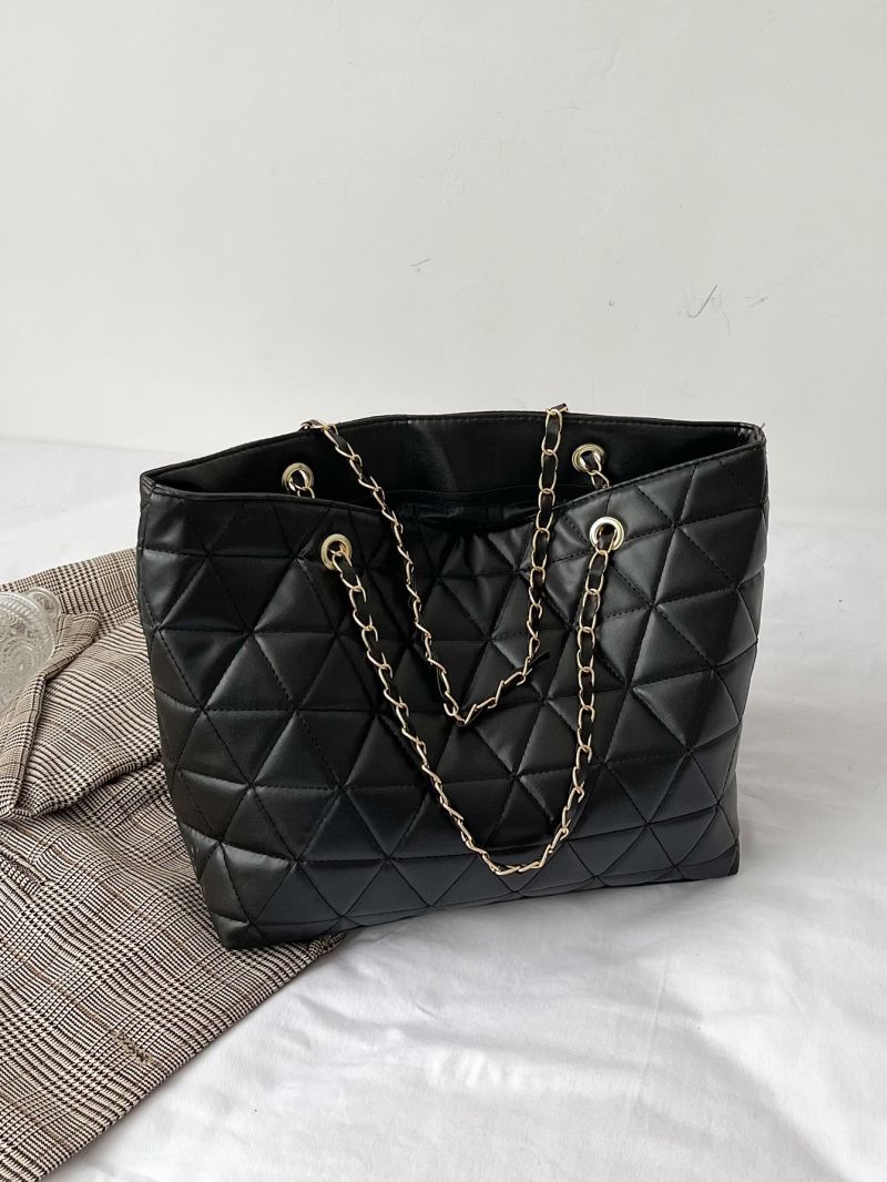 Quilted Detail Chain Shoulder Tote Bag