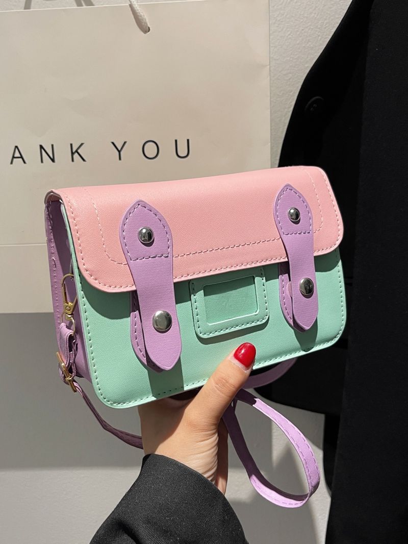 Mini Color Block Button Decor Flap Square Bag