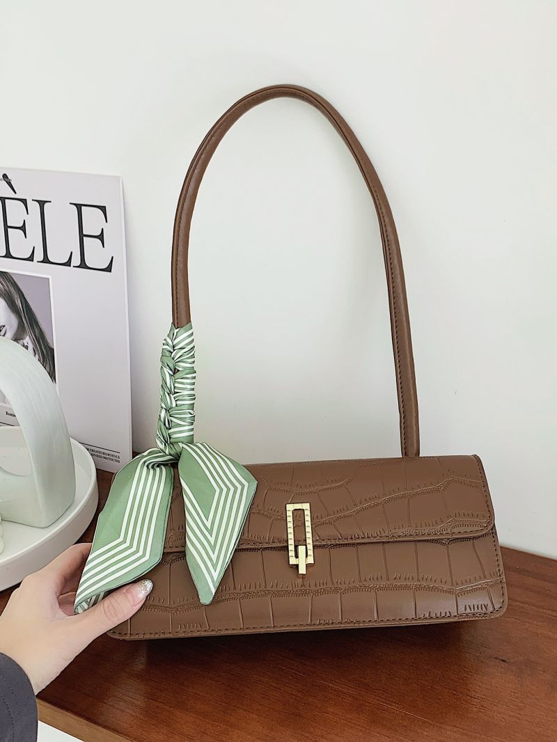 Twilly Scarf Decor Crocodile Embossed Metal Lock Square Bag