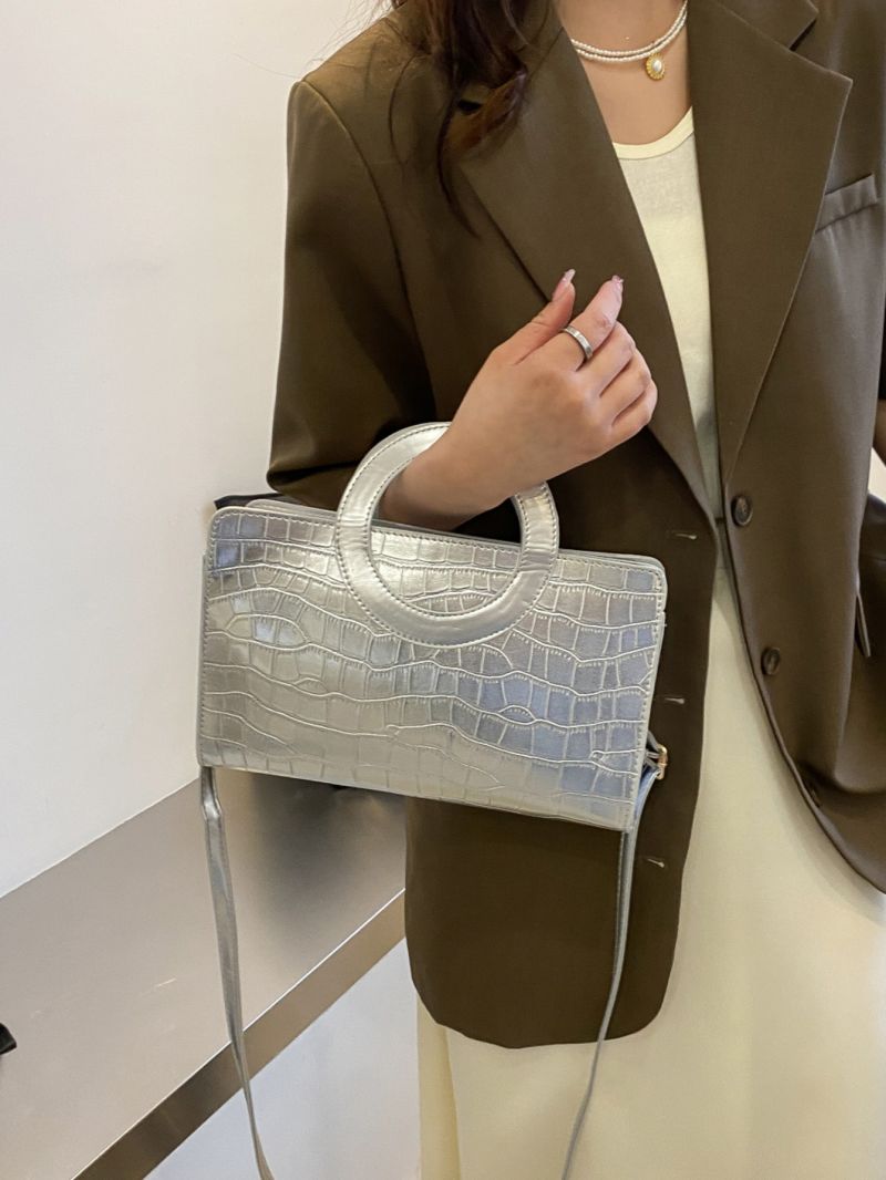 Metallic Crocodile Embossed Double Handle Square Bag