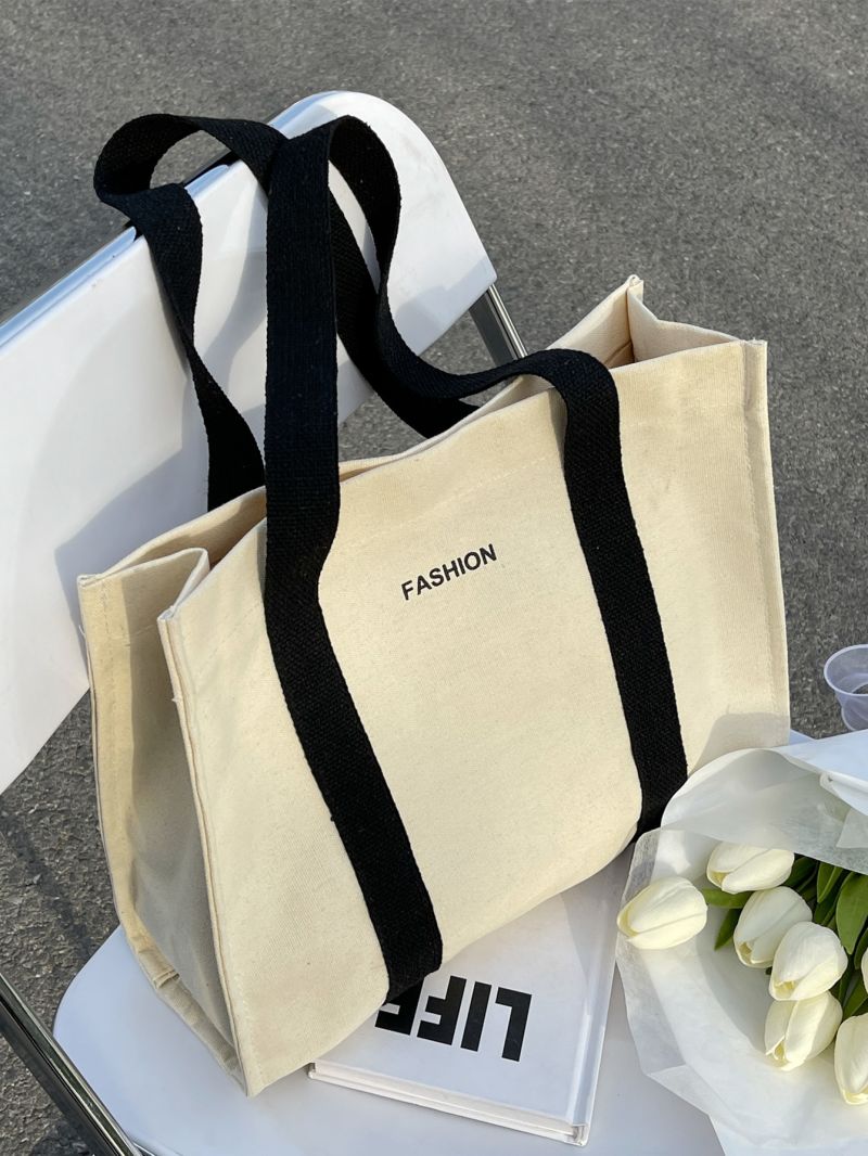 Letter Graphic Contrast Tape Canvas Shopper Bag