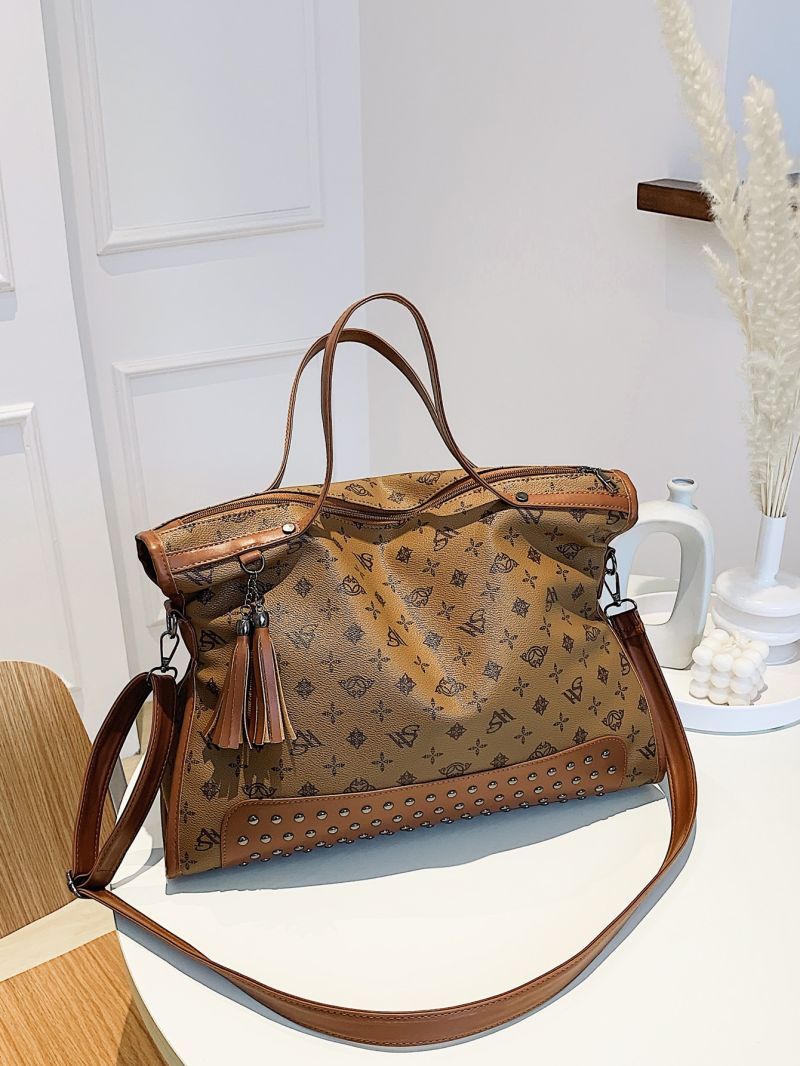 Geometric & Letter Graphic Studded Decor Large Capacity Top Handle Bag