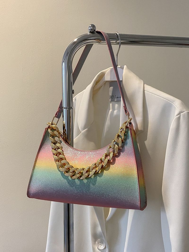 Mini Color Block Chain Decor Baguette Bag