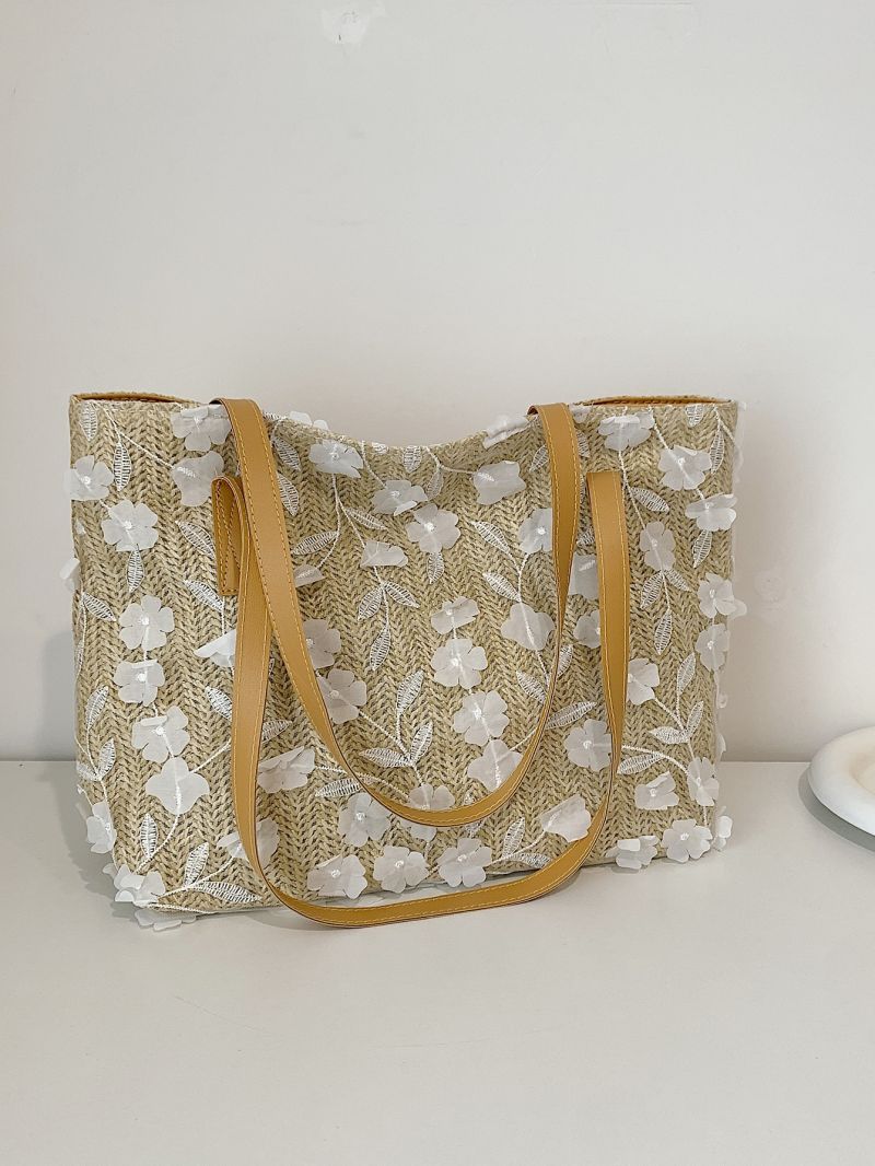 Flower Decor Straw Bag Double Handle For Vacation